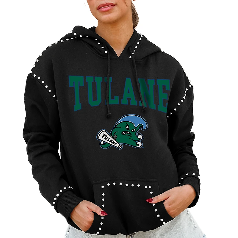 Women's Gameday Couture  Black Tulane Green Wave Studded Pullover Hoodie