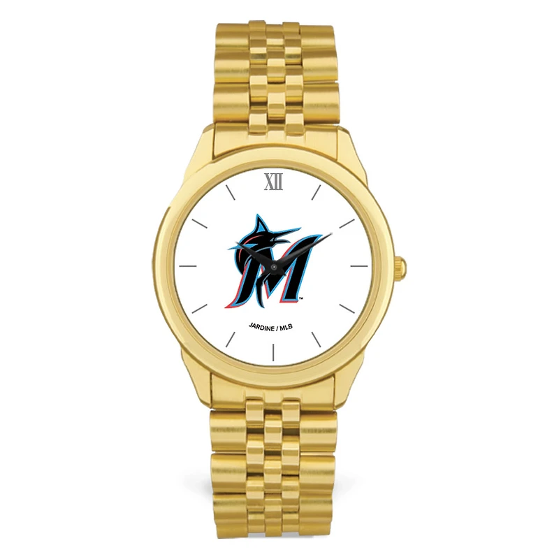 Men's Gold Miami Marlins White Dial Rolled Link Bracelet Wristwatch