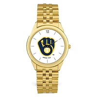 Men's  Gold Milwaukee Brewers White Dial Rolled Link Bracelet Wristwatch