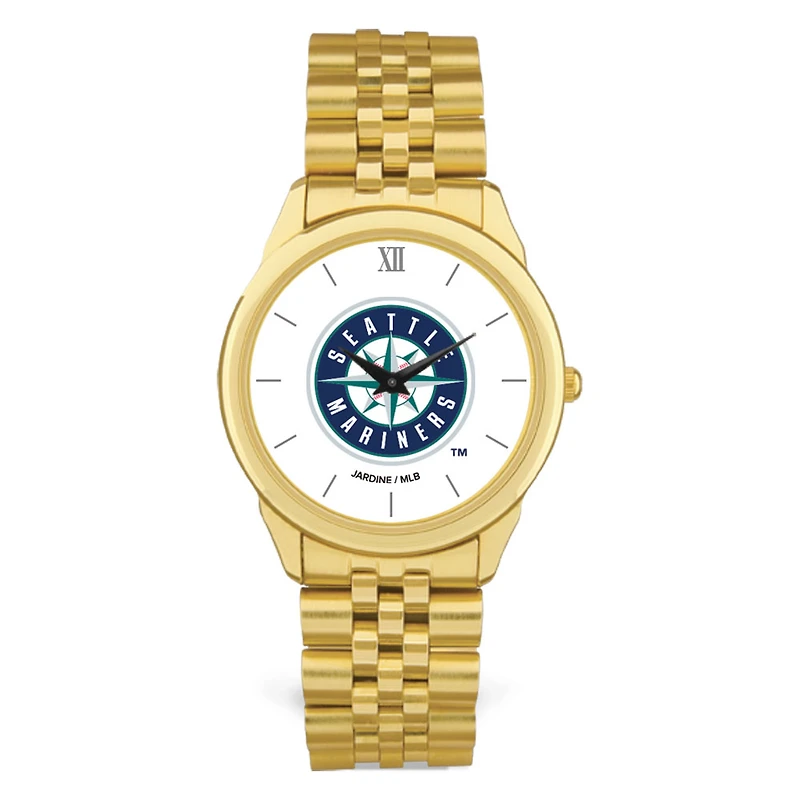 Men's  Gold Seattle Mariners White Dial Rolled Link Bracelet Wristwatch