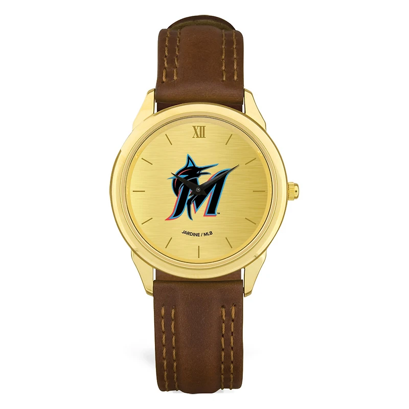 Men's Brown Miami Marlins Leather Wristwatch