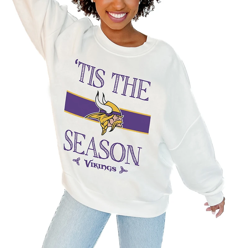 Women's Gameday Couture White Minnesota Vikings Oversized Take A Holiday Pullover Sweatshirt