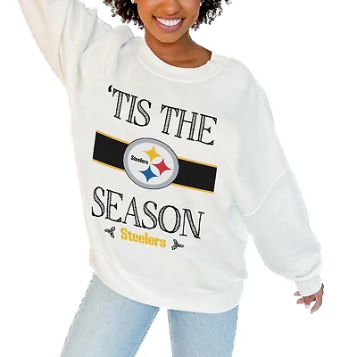 Women's Gameday Couture White Pittsburgh Steelers Oversized Take A Holiday Pullover Sweatshirt