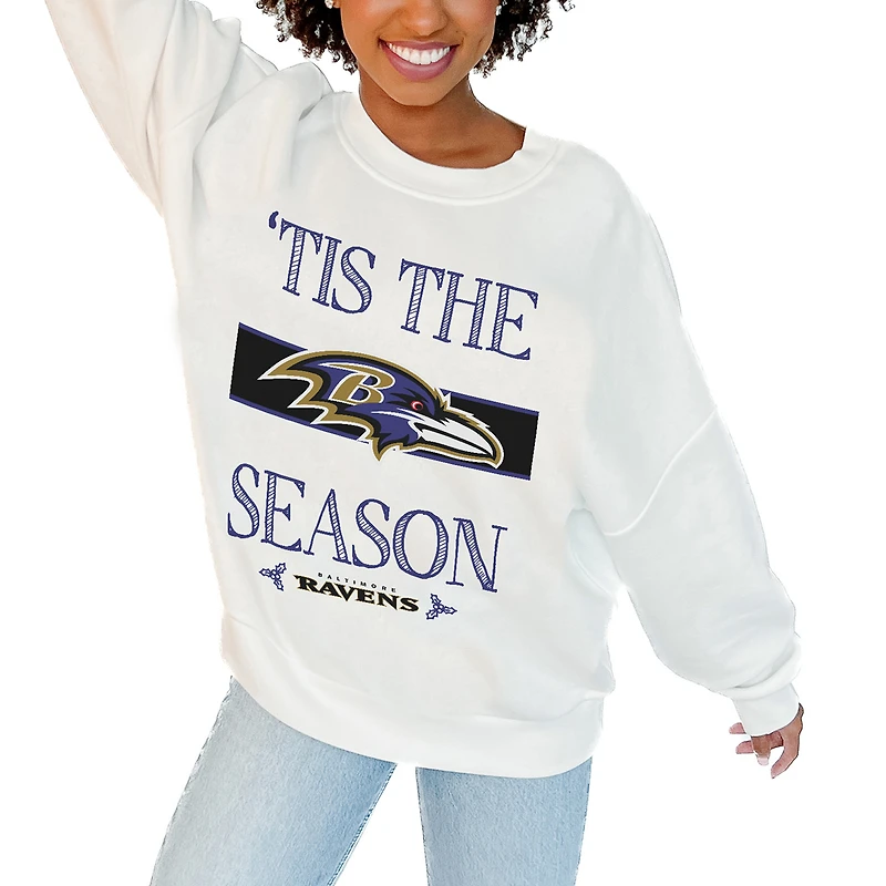 Women's Gameday Couture White Baltimore Ravens Oversized Take A Holiday Pullover Sweatshirt