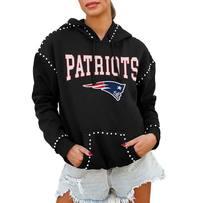 Women's Gameday Couture Black New England Patriots Oversized Catch the Vibe Studded Pullover Hoodie