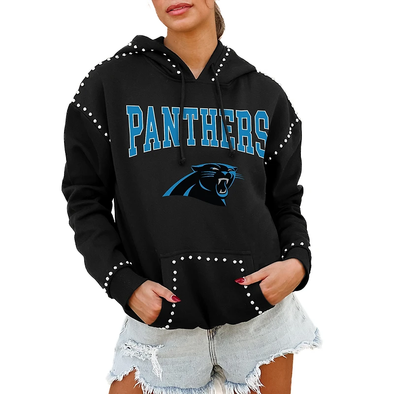 Women's Gameday Couture Black Carolina Panthers Oversized Catch the Vibe Studded Pullover Hoodie
