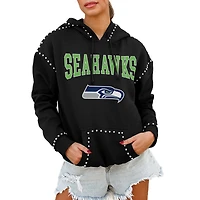 Women's Gameday Couture Black Seattle Seahawks Oversized Catch the Vibe Studded Pullover Hoodie