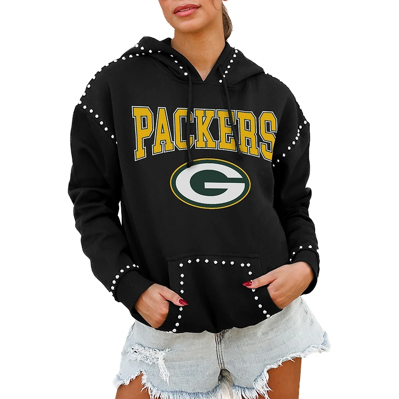 Women's Gameday Couture Black Green Bay Packers Oversized Catch the Vibe Studded Pullover Hoodie