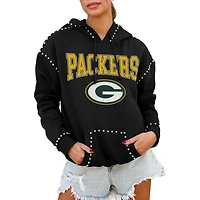Women's Gameday Couture Black Green Bay Packers Oversized Catch the Vibe Studded Pullover Hoodie