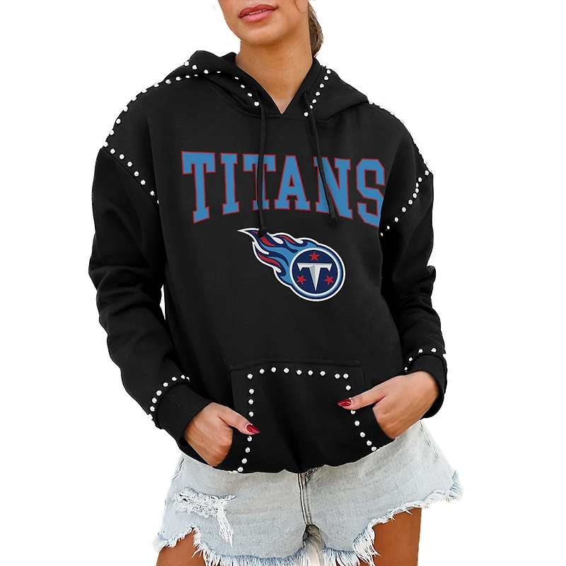 Women's Gameday Couture Black Tennessee Titans Oversized Catch the Vibe Studded Pullover Hoodie