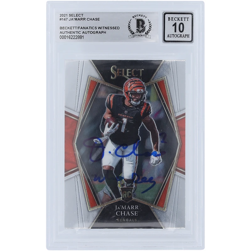 Ja'Marr Chase Cincinnati Bengals Autographed 2021 Panini Select #147 Beckett Fanatics Witnessed Authenticated 10 Rookie Card with "Who Dey" Inscription