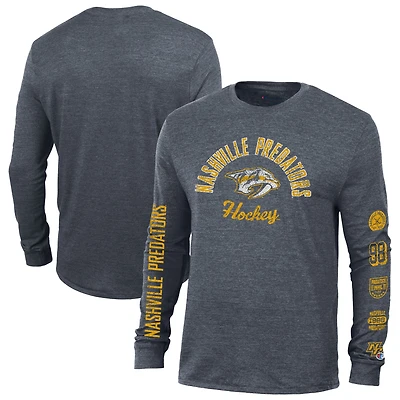 Men's Champion Heather Navy Nashville Predators Multi-Logo Tri-Blend Long Sleeve T-Shirt