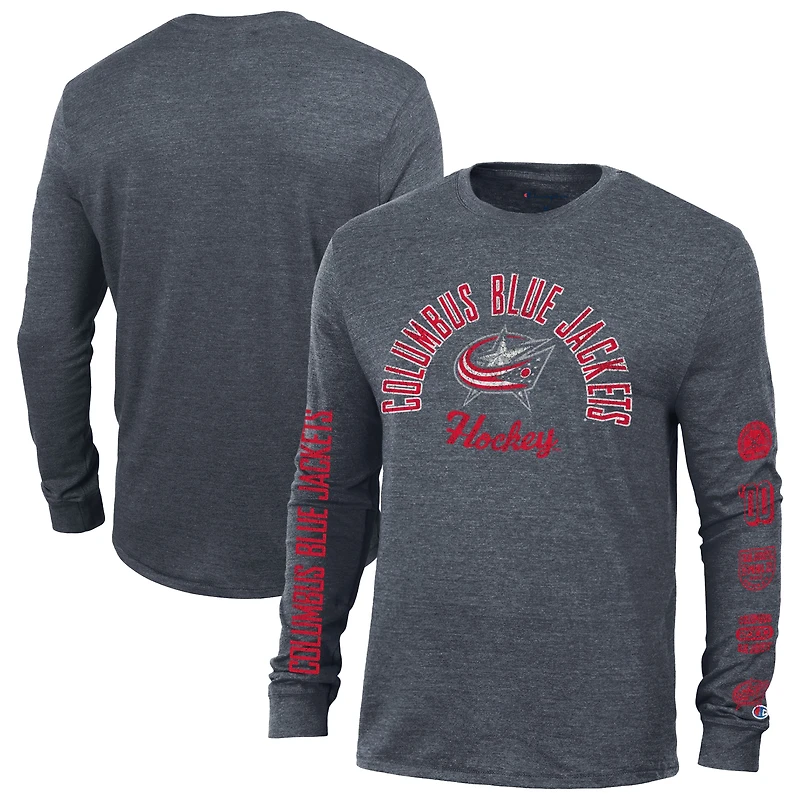 Men's Champion Heather Navy Columbus Blue Jackets Multi-Logo Tri-Blend Long Sleeve T-Shirt