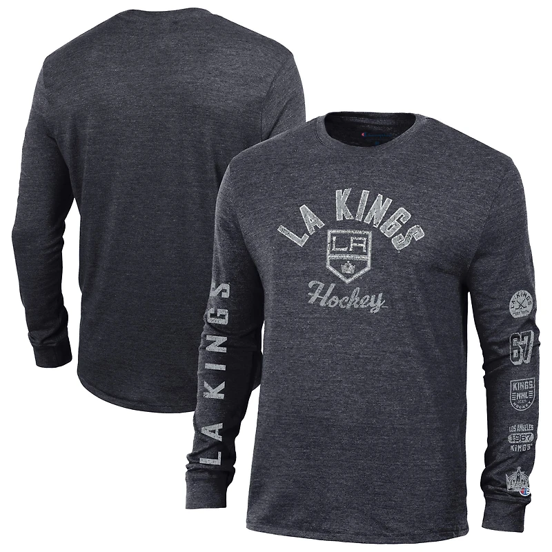 Men's Champion Heather Black Los Angeles Kings Multi-Logo Tri-Blend Long Sleeve T-Shirt
