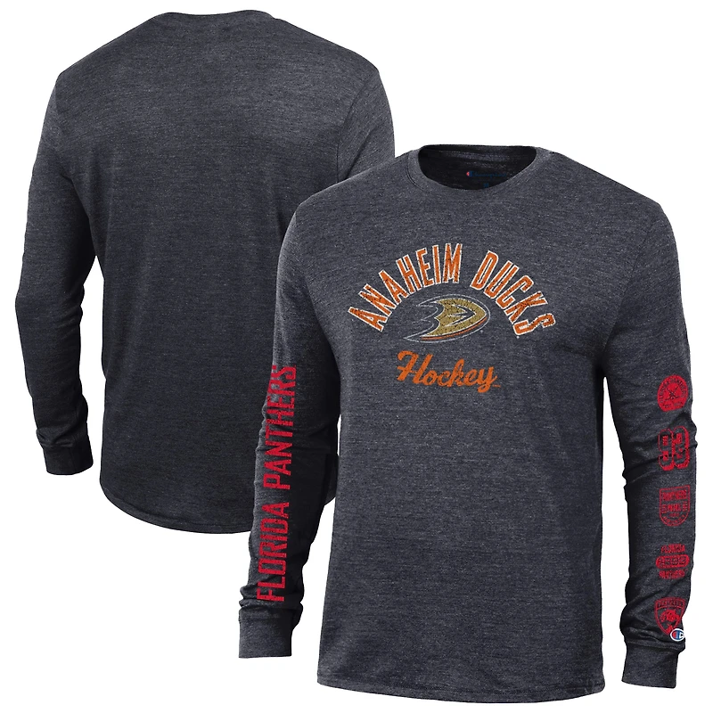 Men's Champion Heather Black Anaheim Ducks Multi-Logo Tri-Blend Long Sleeve T-Shirt