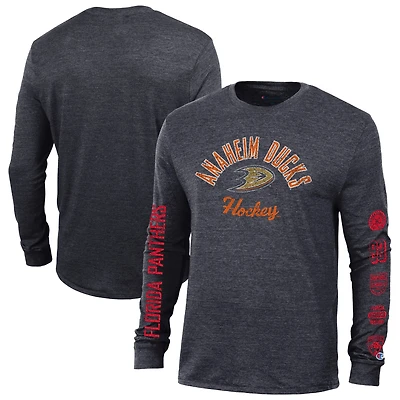 Men's Champion Heather Black Anaheim Ducks Multi-Logo Tri-Blend Long Sleeve T-Shirt