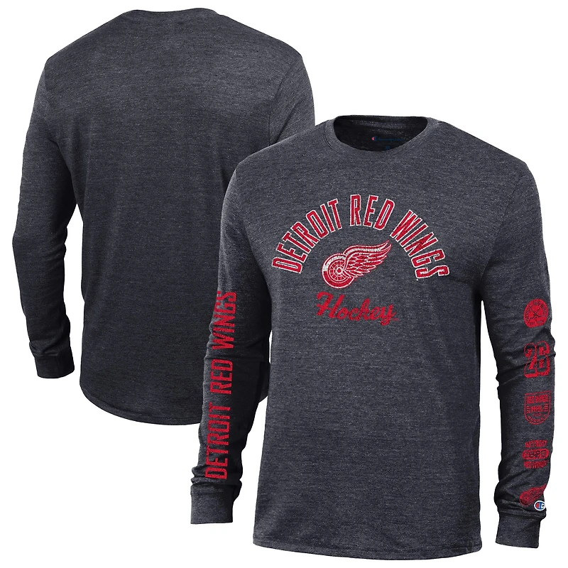 Men's Champion Heather Black Detroit Red Wings Multi-Logo Tri-Blend Long Sleeve T-Shirt
