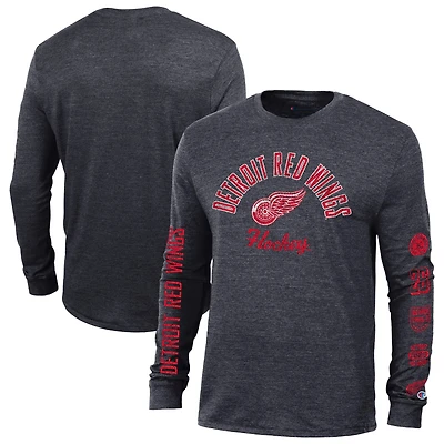 Men's Champion Heather Black Detroit Red Wings Multi-Logo Tri-Blend Long Sleeve T-Shirt