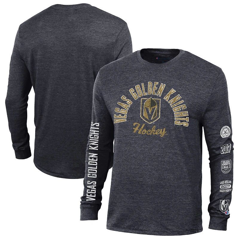 Men's Champion Black Vegas Golden Knights Multi-Logo Tri-Blend Long Sleeve T-Shirt