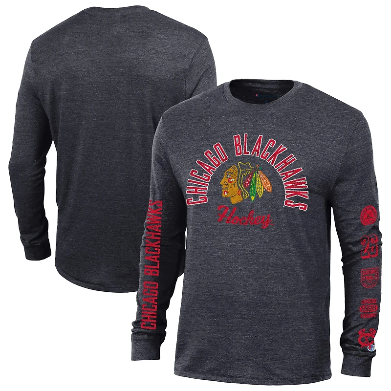 Men's Champion Heather Black Chicago Blackhawks Multi-Logo Tri-Blend Long Sleeve T-Shirt