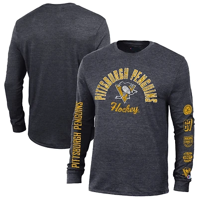 Men's Champion Heather Black Pittsburgh Penguins Multi-Logo Tri-Blend Long Sleeve T-Shirt
