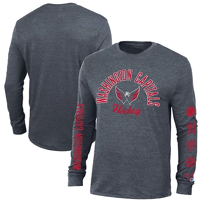 Men's Champion Heather Navy Washington Capitals Multi-Logo Tri-Blend Long Sleeve T-Shirt