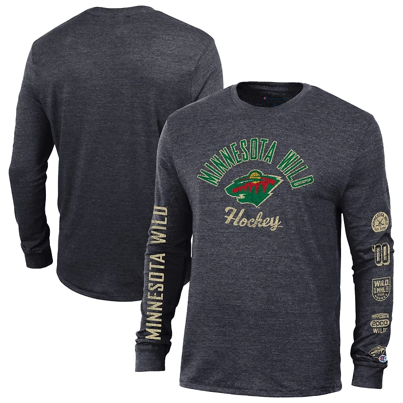 Men's Champion Heather Black Minnesota Wild Multi-Logo Tri-Blend Long Sleeve T-Shirt