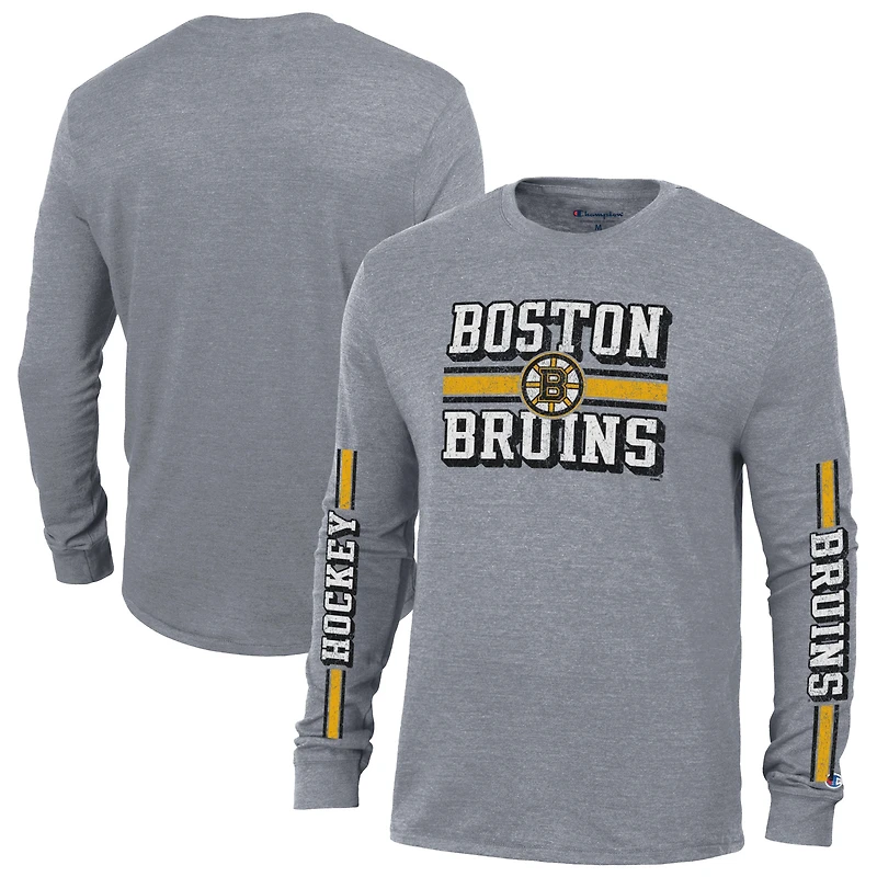Men's Champion Heather Gray Boston Bruins Tri-Blend Dual-Stripe Long Sleeve T-Shirt