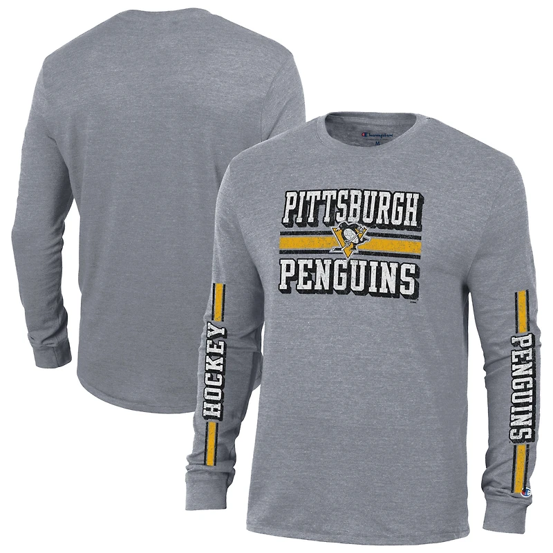 Men's Champion Heather Gray Pittsburgh Penguins Tri-Blend Dual-Stripe Long Sleeve T-Shirt