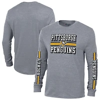 Men's Champion Heather Gray Pittsburgh Penguins Tri-Blend Dual-Stripe Long Sleeve T-Shirt