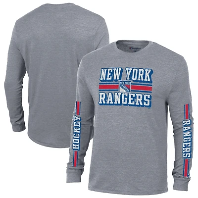 Men's Champion Heather Gray New York Rangers Tri-Blend Dual-Stripe Long Sleeve T-Shirt