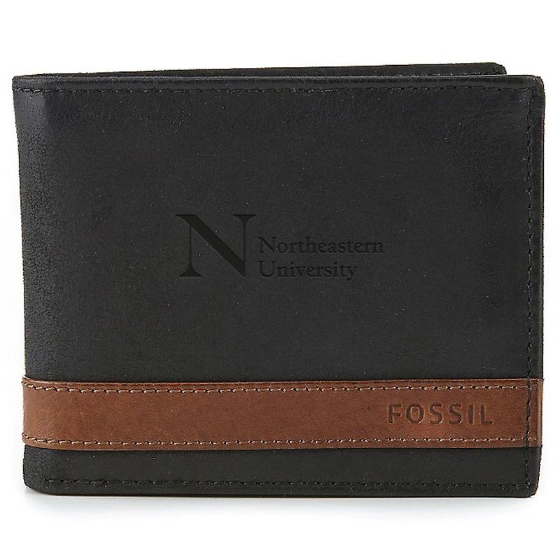 Men's Fossil  Black Northeastern Huskies Quinn Flip ID Bifold Wallet