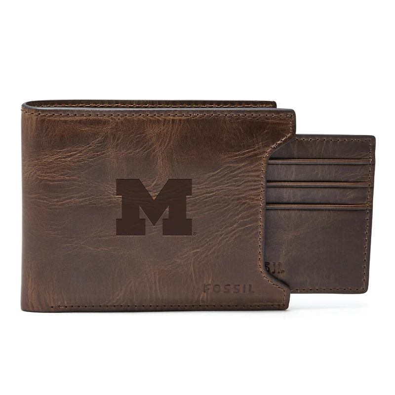 Men's Fossil  Brown Michigan Wolverines Derrick Sliding Two-In-One Wallet