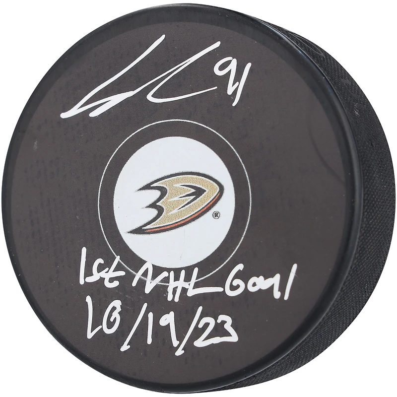 Leo Carlsson Anaheim Ducks Autographed Hockey Puck with "1st NHL Goal 10/19/23" Inscription