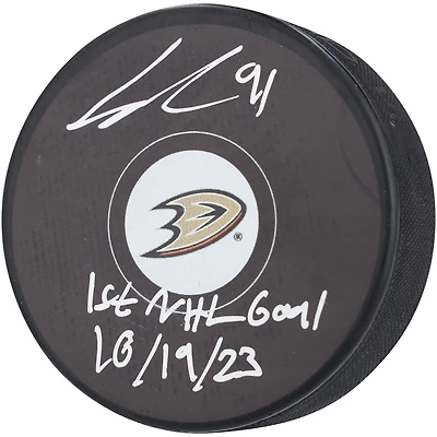 Leo Carlsson Anaheim Ducks Autographed Hockey Puck with "1st NHL Goal 10/19/23" Inscription