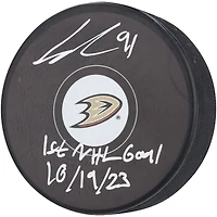 Leo Carlsson Anaheim Ducks Autographed Hockey Puck with "1st NHL Goal 10/19/23" Inscription