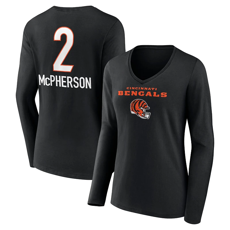 Women's Evan McPherson Black Cincinnati Bengals Team Wordmark Player Name & Number Long Sleeve V-Neck T-Shirt