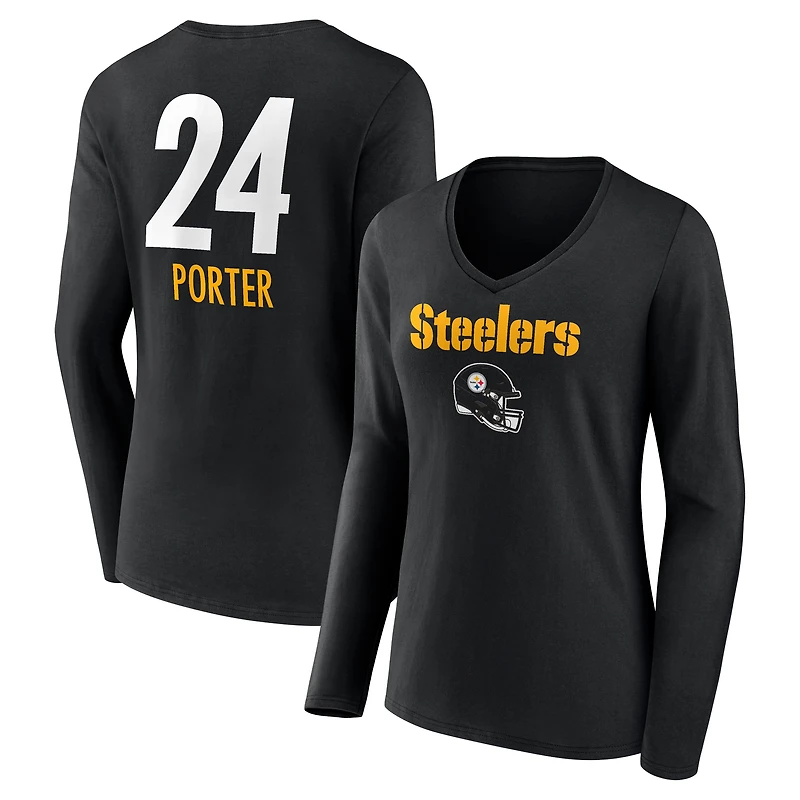 Women's Joey Porter Jr. Black Pittsburgh Steelers Team Wordmark Player Name & Number Long Sleeve V-Neck T-Shirt