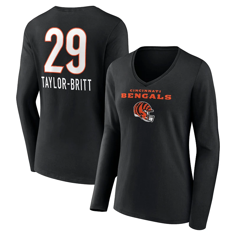 Women's Cam Taylor-Britt Black Cincinnati Bengals Team Wordmark Player Name & Number Long Sleeve V-Neck T-Shirt