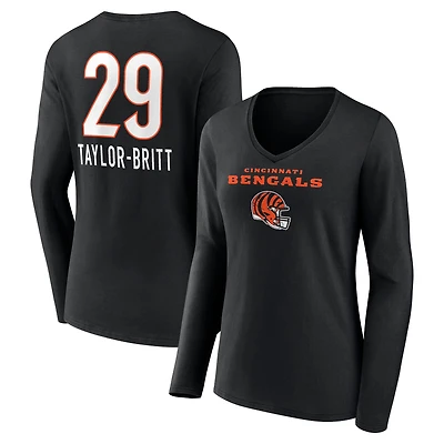 Women's Cam Taylor-Britt Black Cincinnati Bengals Team Wordmark Player Name & Number Long Sleeve V-Neck T-Shirt