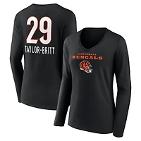 Women's Cam Taylor-Britt Black Cincinnati Bengals Team Wordmark Player Name & Number Long Sleeve V-Neck T-Shirt
