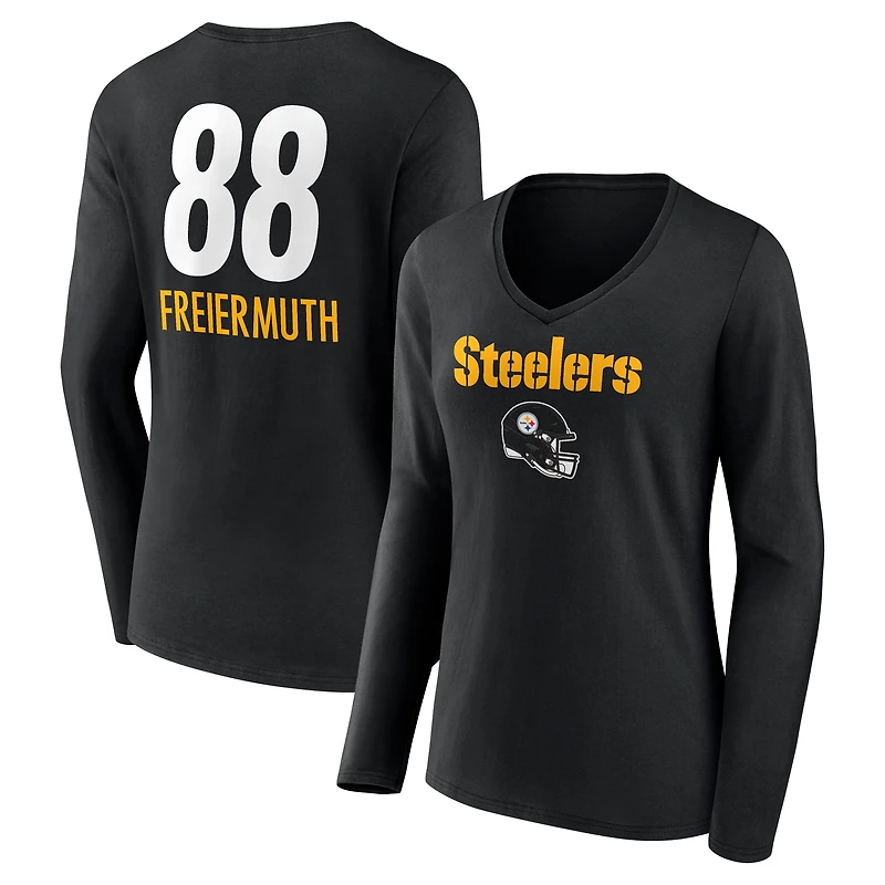 Women's Pat Freiermuth Black Pittsburgh Steelers Team Wordmark Player Name & Number Long Sleeve V-Neck T-Shirt