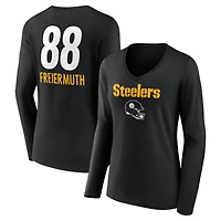 Women's Pat Freiermuth Black Pittsburgh Steelers Team Wordmark Player Name & Number Long Sleeve V-Neck T-Shirt