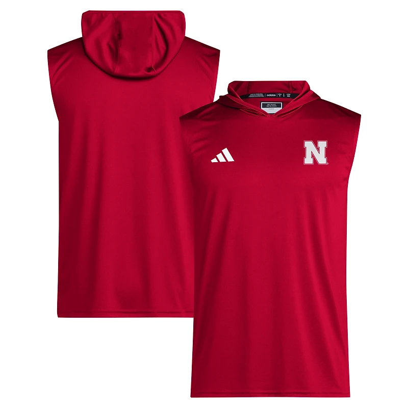 Men's adidas Scarlet Nebraska Huskers 2024 Sideline Hoodie Sleeveless Shirt