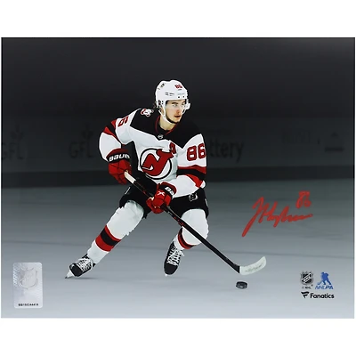 Jack Hughes New Jersey Devils Autographed 8" x 10" White Jersey Skating Spotlight Photograph
