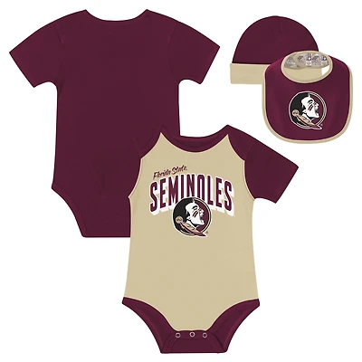Newborn & Infant Florida State Seminoles Dynamic Duo Bodysuit, Bib & Cuffed Knit Hat Set