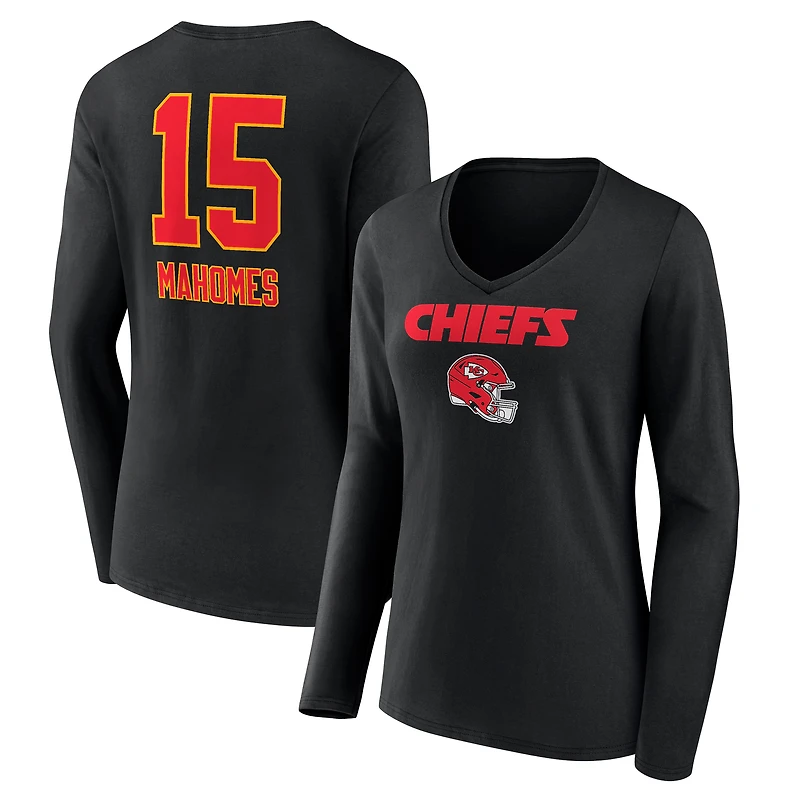 Women's Patrick Mahomes Black Kansas City Chiefs Team Wordmark Player Name & Number Long Sleeve V-Neck T-Shirt