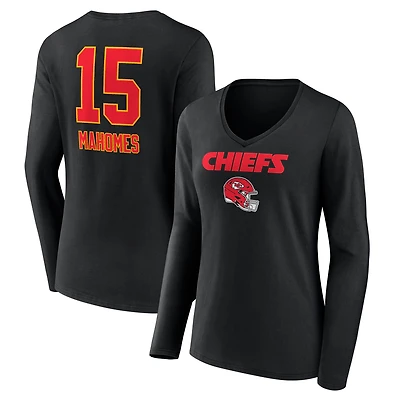 Women's Patrick Mahomes Black Kansas City Chiefs Team Wordmark Player Name & Number Long Sleeve V-Neck T-Shirt