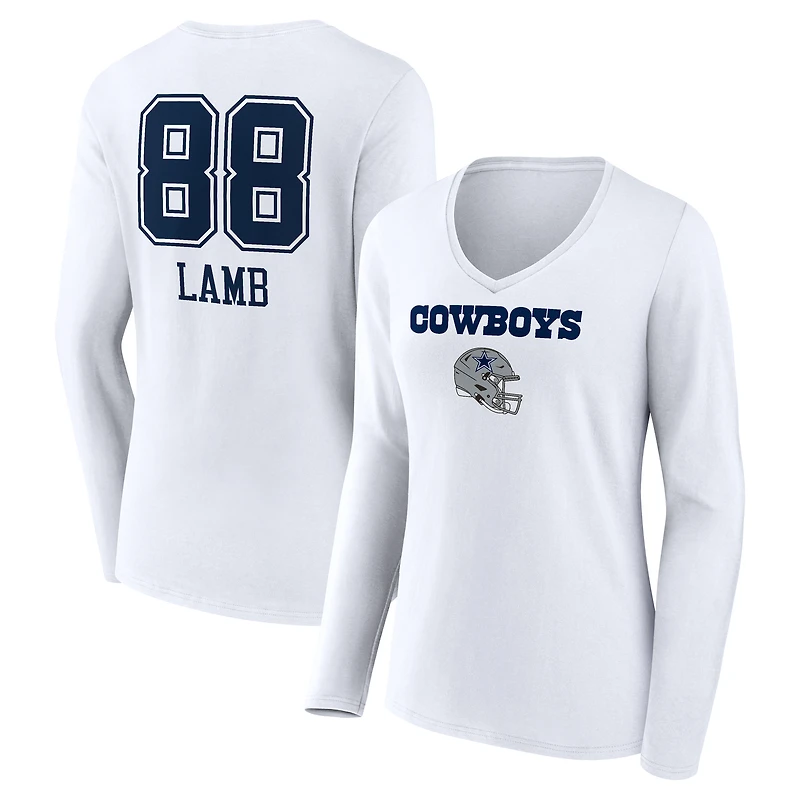 Women's CeeDee Lamb White Dallas Cowboys Team Wordmark Player Name & Number Long Sleeve V-Neck T-Shirt