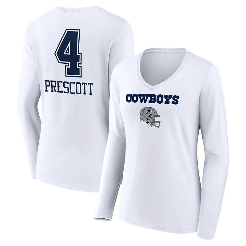 Women's Dak Prescott White Dallas Cowboys Team Wordmark Player Name & Number Long Sleeve V-Neck T-Shirt
